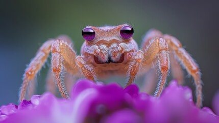 Sticker -  A tight shot of a jumping spider over a purple bloom, its eyes intensely focused, background softly blurred