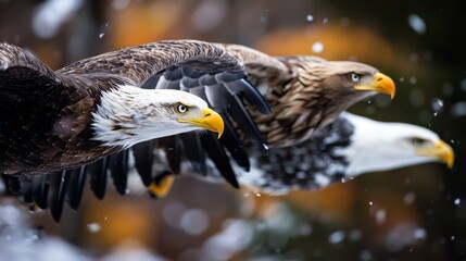 Sticker -  Two bald eagles soaring through the sky amidst falling snow,background of standing trees