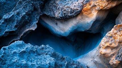 Wall Mural -  A tight shot of a rock formation revealing a blue-yellow deposit in its center, accompanied by a yellow substance nestled in the heart