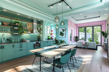 Pink and green kitchen with a pink wall and pink cabinets. The kitchen has a pink dining table with pink chairs and a pink vase on the table. The kitchen also has a potted plant