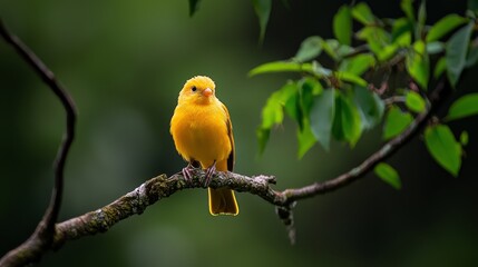 Poster -  A yellow bird perches on a green tree branch, with another adjacent Background softly blurred