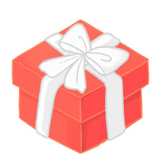 Red gift box with white ribbon and bow. Hand-drawn vector illustration isolated on white background. Gift giving and celebration concept for greeting card, invitation, and poster design