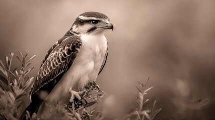 Poster -  A black-and-white image of a bird perched on a tree branch against a softly blurred background