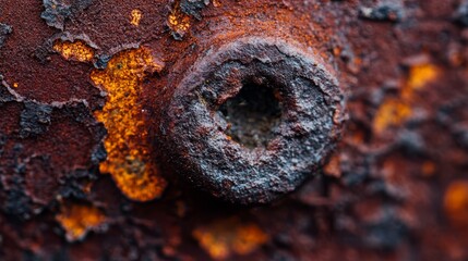 Poster -  A tight shot of a weathered metal surface, displaying a central hole amidst rust