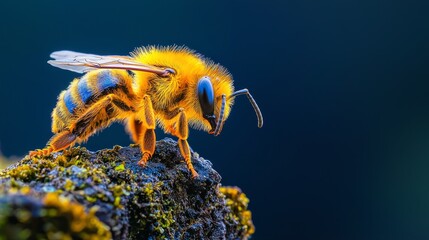 Sticker -  A tight shot of a yellow-and-blue bee perched on a rock, moss covering its back legs