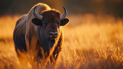 Wall Mural -  A tight shot of a bison in a sea of tall grass, bathed in sunlight as it illuminates the beast's visage