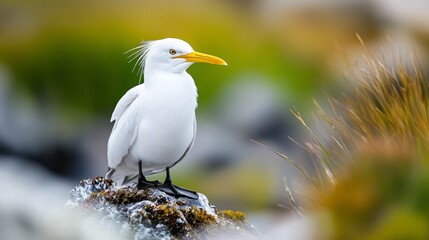 Sticker -  A white bird with a yellow beak sits atop a moss-covered rock against a blurred backdrop