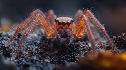 Canvas Print -  A tight shot of a spider perched on a wooden plank, its head slightly tilted to the side