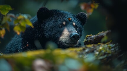 Poster -  A narrow shot of a melancholic black bear gazing at the camera in a forest setting