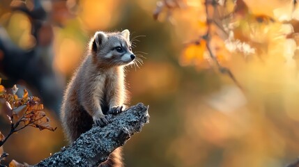 Poster -  A small animal perches on a tree branch among a forest of leaves, predominantly orange and yellow