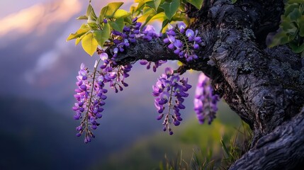 Sticker -  A tree branch bearing purple flowers in the foreground,mountain range in the background