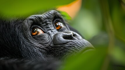 Sticker -  A tight shot of a monkey's visage, with a vibrant green leaf occupying the frontal plane, and an indistinct background