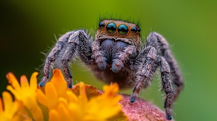 Canvas Print -  A tight shot of a jumping spider hovering over a flower, surrounded by a hazy backdrop of yellow and orange blossoms