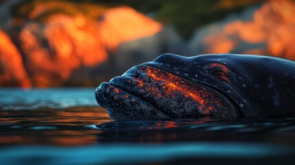 Poster -  A tight shot of a hippo submerged in water during sunset