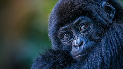  A tight shot of a black gorilla's expressive face, surrounded by a soft, indistinct backdrop of trees and foliage