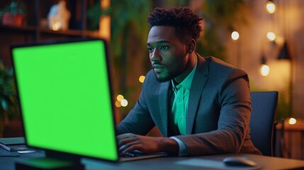 Wall Mural - Man working on computer with green screen in office