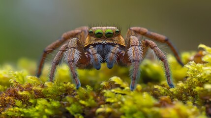 Canvas Print -  A tight shot of a jumping spider against a mossy background, adorned with vivid green leaves in the foreground