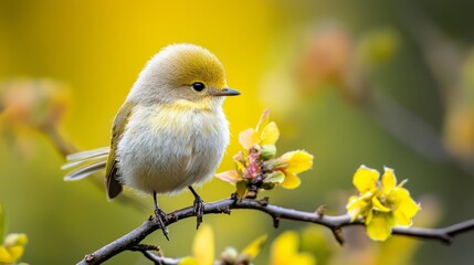 Wall Mural -  A small yellow and white bird perches on a tree branch In front lies a cluster of yellow flowers The backdrop is softly blurred