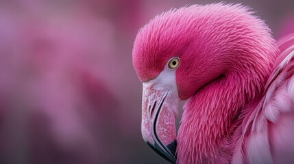 Sticker -  A tight shot of a pink flamingo's head and neck against a softly blurred backdrop