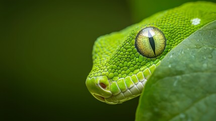 Sticker -  A tight shot of a green snake's eye, with a nearby leaf in the foreground against a backdrop of lush green