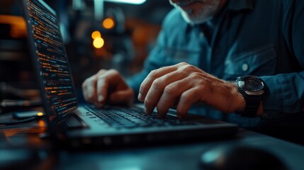 Senior Programmer Coding on Laptop