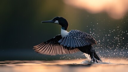 Poster -  A close-up of a bird over water with its wings spread