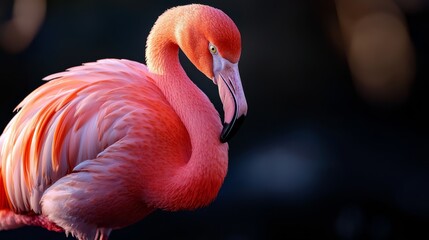  A tight shot of a pink flamingo against a softly blurred background Background lightly blurred as well