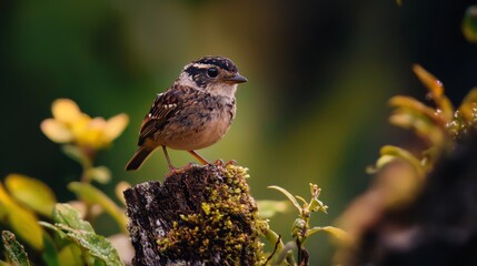 Poster -  A small bird atop a moss-covered tree stump in a forest, amidst background yellow flowers