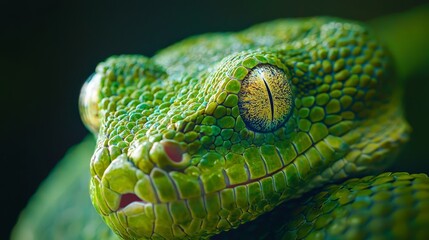 Wall Mural -  A tight shot of a green snake's head reveals a yellow pupil in its eye