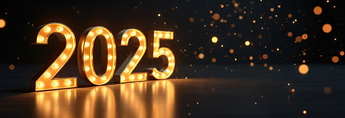 Wall Mural - 2025 horizontal banner with golden bokeh on black background