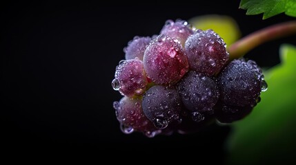 Poster -  Close-up of juicy grapes with dewdrops on leaves and stem against a black backdrop