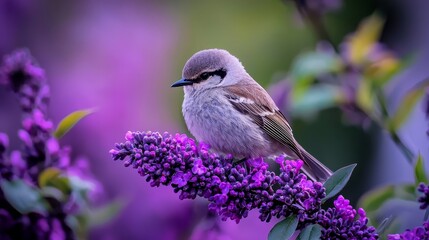 Poster -  A small bird perches on a purplely-flowered tree branch against a backdrop of purple and green