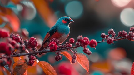 Sticker -  A tiny blue bird perched on a tree branch, surrounded by red berries; backdrop subtly blurred