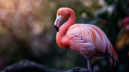 Poster -  A pink flamingo in focus atop a rock, surrounded by a hazy backdrop of trees and bushes