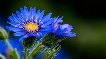 Wall Mural -  A blue flower with a yellow center and a green stem, tightly framed, against a softly blurred background