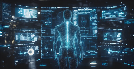 Wall Mural - a man is standing in front of a computer monitor with a blue screen