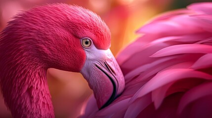  A tight shot of a pink flamingo's head with a blurred backdrop of fellow flamingos