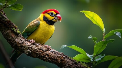 Poster -  A vibrant bird sits atop a leafy branch against a backdrop of lush green foliage