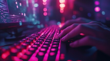 Poster - Hands Typing on a Keyboard with Neon Lights