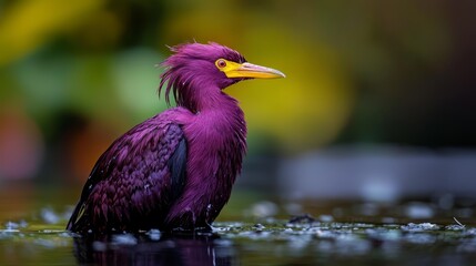 Poster -  A tight shot of a bird perched by a water body, with drops falling from it onto the surrounding terrain, and trees in the backdrop