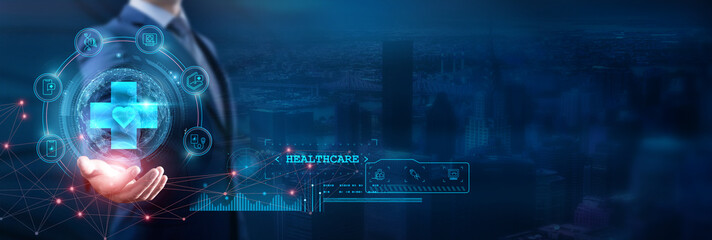 Wall Mural - Businessman hold of global structure in healthcare network technology to enhance patient outcomes and operational efficiency. Telemedicine, and clinical decision support systems