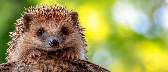 Poster -  A tight shot of a hedgehog perched on a tree stump, gazing at the camera against a hazy backdrop