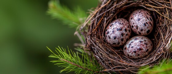 Poster -  A tight shot of a bird's nest atop a tree branch, inhabited by four quails