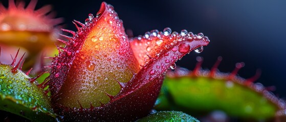 Canvas Print -  Close-up of a red flower with dewdrops on its petals against a dark blue backdrop