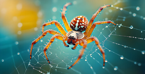 A spider is on a web with a blue background
