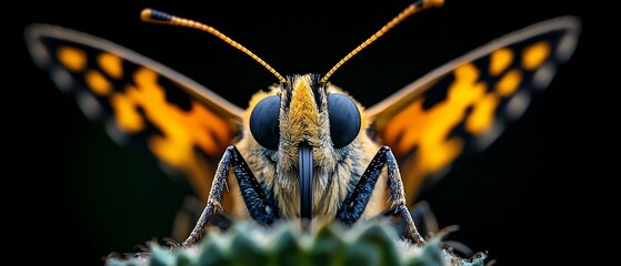 Wall Mural -  A close-up of a yellow and black butterfly on a green plant against a black backdrop