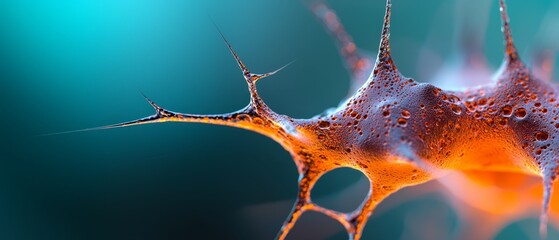 Poster -  A plant stem in tight focus, adorned with water beads at its tip against a backdrop of a tranquil blue background