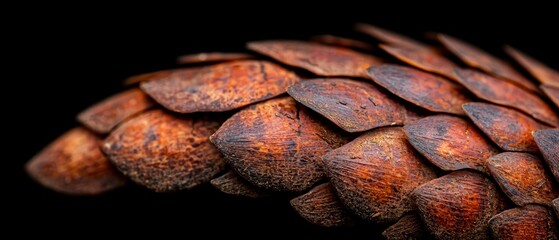 Poster -  A tight shot of a weathered pine cone, its wooden texture apparent, with specks of rust dotting its surface