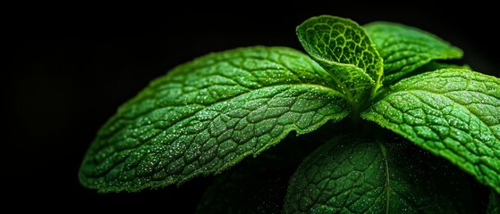 Sticker -  A tight shot of a green leaf dotted with water droplets, against a black backdrop