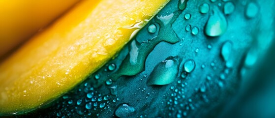 Wall Mural -  A close-up of water droplets on a yellow-green banana, displaying a distinct green-yellow stripe in its center